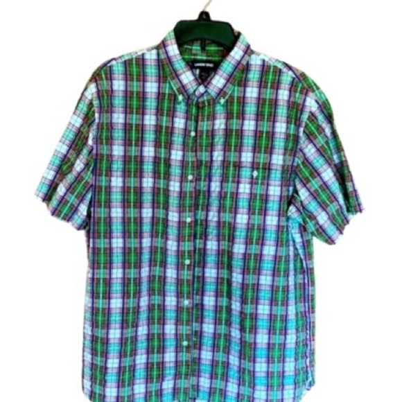 LANDS End Green & red checkered short sleeve button down shirt size large - Picture 2 of 3